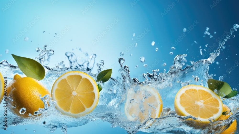 Poster lemons falling into water. perfect for refreshing summer concepts