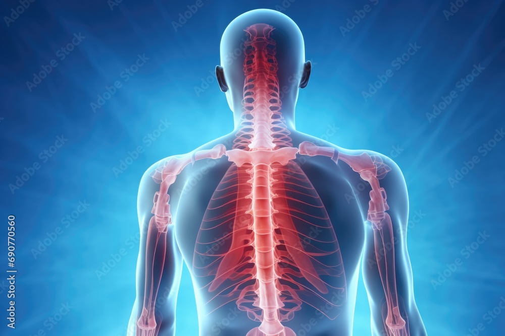 Poster a picture of a man's back with a highlighted skeleton. this image can be used to depict anatomy, med