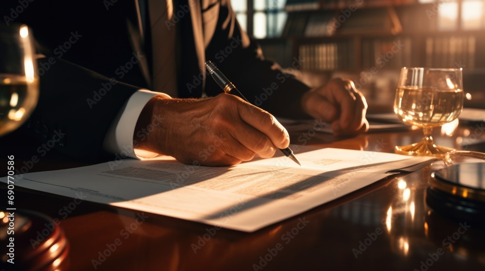 Poster a man in a suit is writing on a piece of paper. suitable for business and office-related concepts