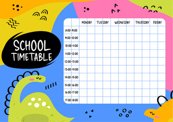 Back to school timetable template with doodle dinosaurs and abstraction