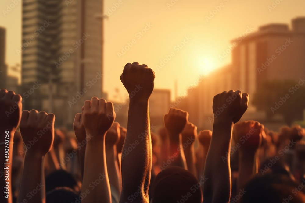 Poster a dynamic image capturing a crowd of people enthusiastically raising their hands. perfect for illust