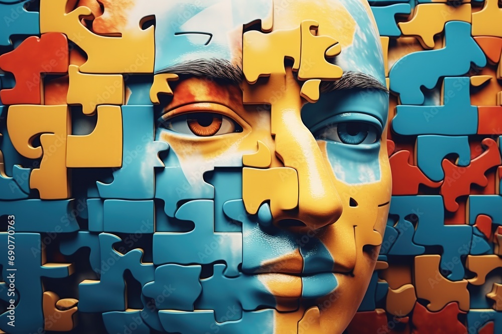 Aufkleber A man's face is surrounded by puzzle pieces. This image can be used to represent problem-solving, creativity, or the concept of finding solutions