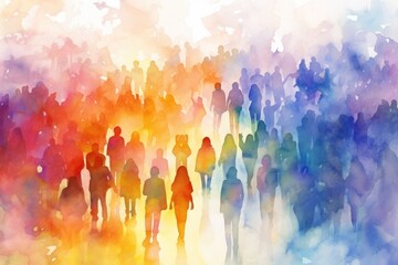 A large group of people walking together in a line. Suitable for team-building, community, and social themes