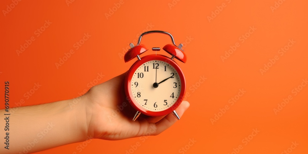Poster a person holding a red alarm clock. this image can be used to represent waking up, time management, 
