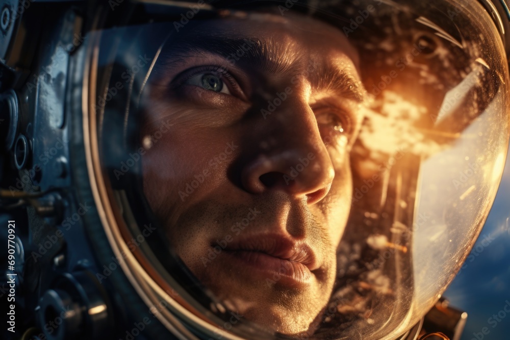 Poster a detailed view of a person wearing a space suit. this image can be used to depict astronauts, space