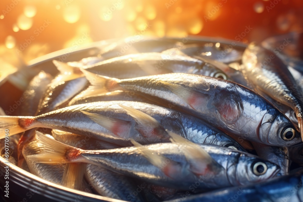 Poster a bowl filled with fish sitting on top of a table. suitable for various uses