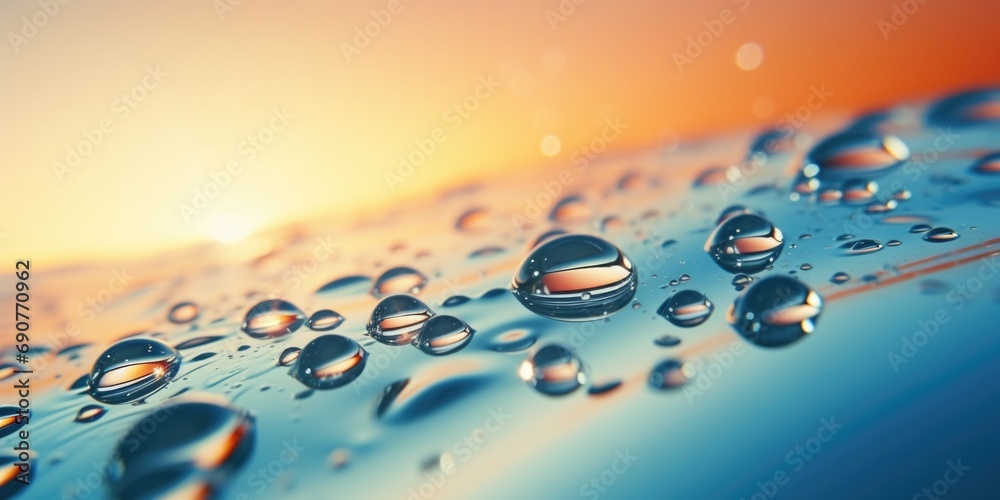 Poster water droplets captured in a close up shot on a surface. can be used to represent purity, cleanlines