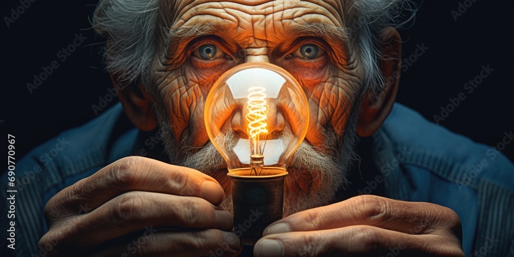 Poster an image of an old man holding a light bulb in his mouth. this picture can be used to represent crea