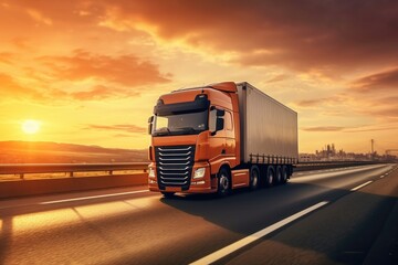 A semi truck driving down the highway during a picturesque sunset. Perfect for transportation and travel-related projects