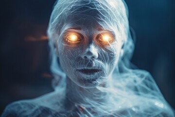 A close-up view of a person with glowing eyes. This striking image can be used to create a sense of mystery and intrigue in various projects