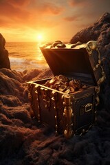 An open chest sitting on top of a rocky beach. Perfect for treasure hunt or adventure-themed designs