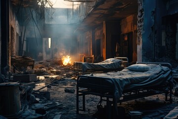 A hospital room with a fire in the background. Can be used to depict emergency situations or the need for immediate medical attention - obrazy, fototapety, plakaty