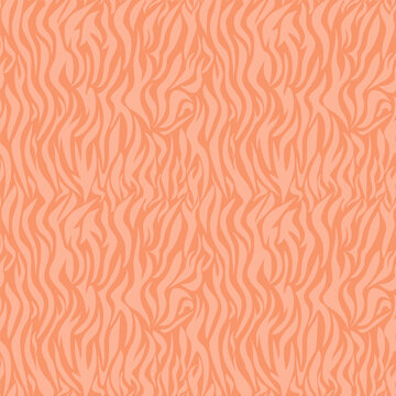 Zebra fur seamless pattern with color of the year 2024 Peach. Texture of striped animal skin. Fashion and luxury textile design. Ideal for print, fabric, cover, backdrop, banner, wrapping paper.