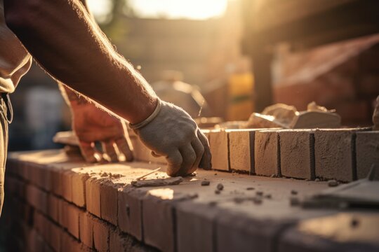 A man is seen working on a brick wall. This image can be used to depict construction, renovation, or home improvement projects
