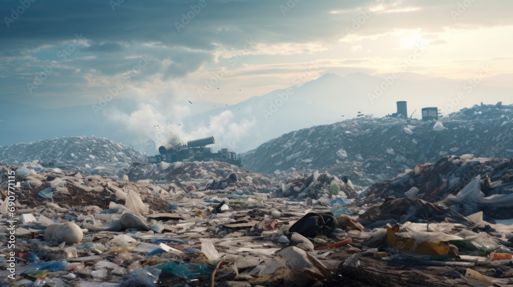 Poster A mountain of garbage with a dump truck in the background. Perfect for illustrating waste management and environmental issues