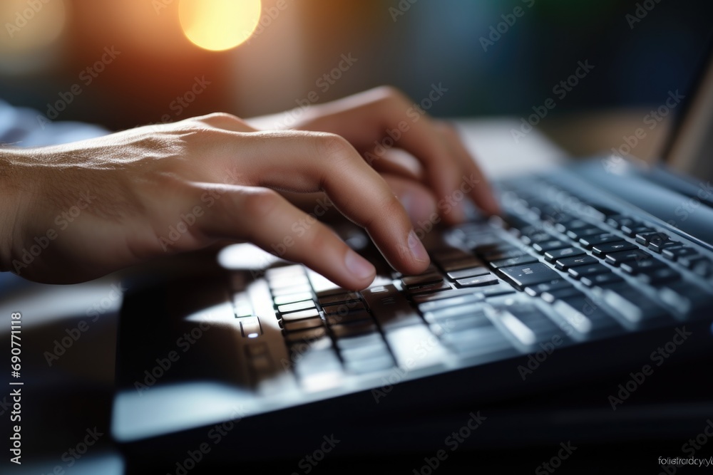 Poster person typing on laptop. suitable for technology and business-related concepts