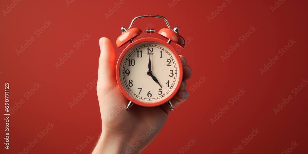 Aufkleber Hand holding a red alarm clock against a red background. Perfect for time management and punctuality concepts