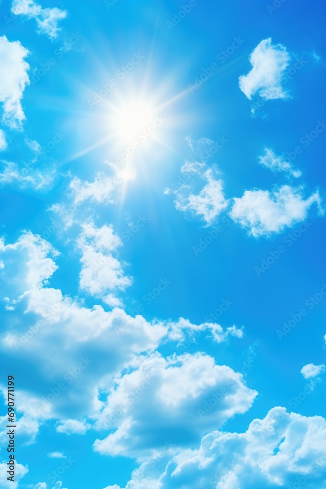 Poster sun shining brightly through the clouds in the blue sky. ideal for weather-related designs or inspir