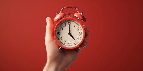 Hand holding a red alarm clock against a red background. Perfect for time management and...