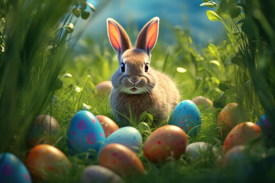 Fête de Pâques, un mignon petit lapin et des œufs colorés