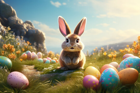 Fête de Pâques, un mignon petit lapin et des œufs colorés