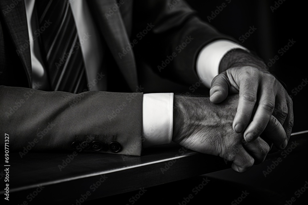 Leinwandbilder A close-up view of a person's hands resting on a table. This image can be used to convey concepts of work, productivity, creativity, or communication