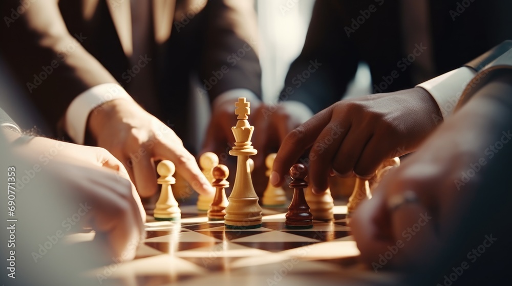 Poster a group of people engaged in a game of chess. suitable for illustrating teamwork, strategy, and inte