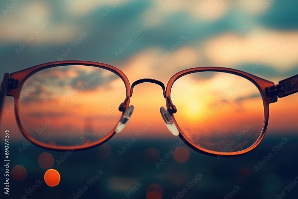 Poster a pair of glasses sitting on top of a table. suitable for various themes and concepts