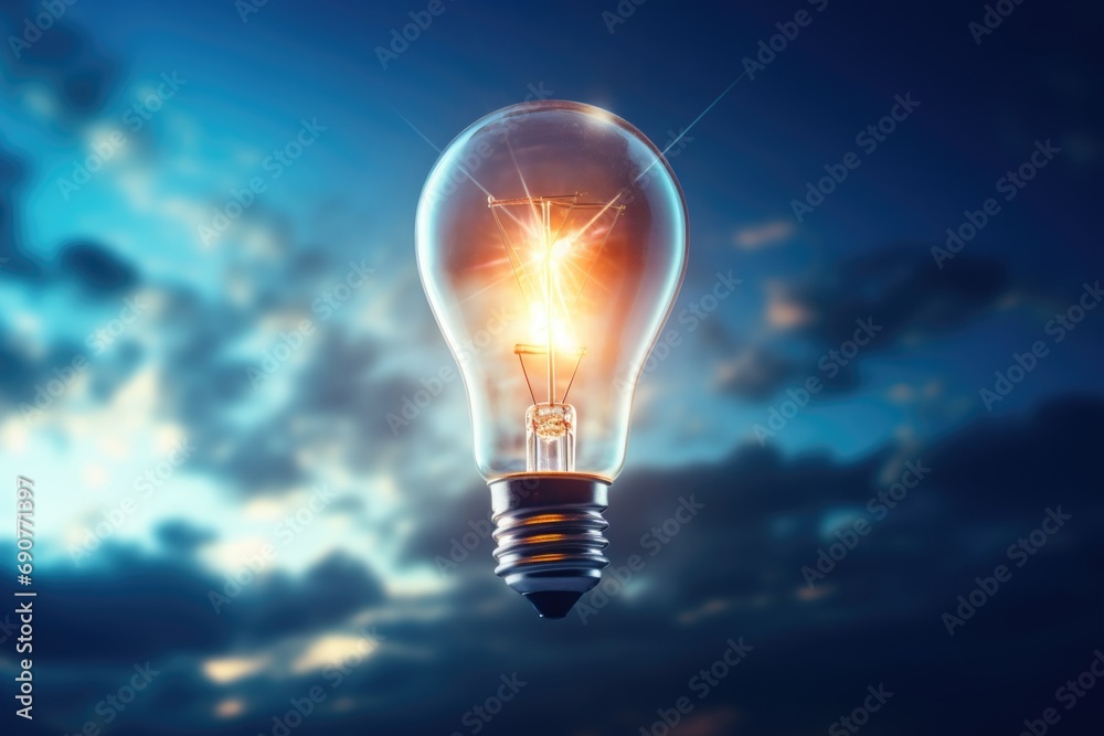 Aufkleber A glowing light bulb shines brightly against a cloudy sky. This versatile image can be used to convey ideas such as creativity, innovation, inspiration, and bright ideas
