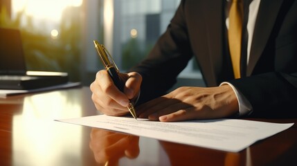 A man in a suit is writing on a piece of paper. This image can be used to depict business, communication, or office work