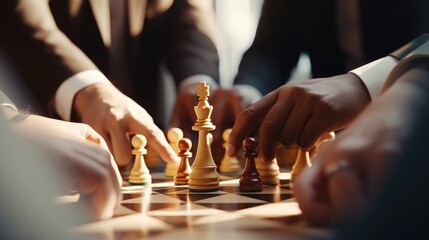 A group of people engaged in a game of chess. Suitable for illustrating teamwork, strategy, and intellectual pursuits - obrazy, fototapety, plakaty