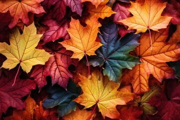 Naklejka na ściany i meble A vibrant stack of colorful leaves, perfect for autumn-themed designs and nature backgrounds