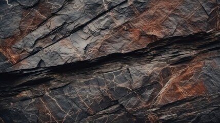 Fototapeta premium Black brown rock texture background. Close-up Mountain rough surface. Stone wall background with copy space for design banner