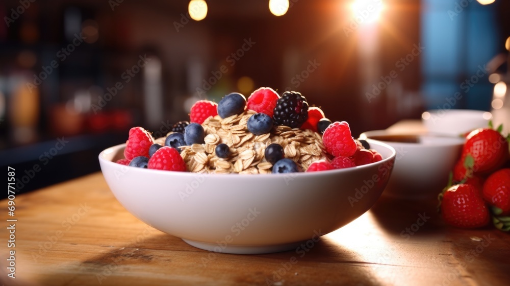 Poster a bowl of cereal and berries on a table. suitable for food and breakfast related projects