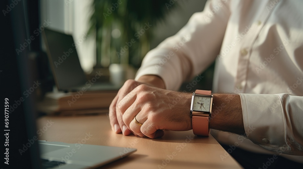 Poster a man sitting at a desk with a watch on his wrist. perfect for business and time management concepts