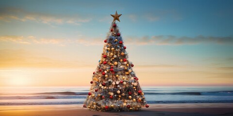 Christmas Tree on the Beach with a Star on Top