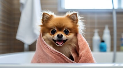 Photo of a Pomeranian dog in a towel after bathing in the bathroom