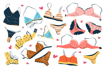 Bundle of female lingerie sets isolated on white background. Collection of elegant undergarments, sexy underwear, bras, bikini and panties for women. Hand drawn colorful flat vector illustrations. - obrazy, fototapety, plakaty