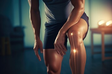 A man is seen holding his knee in pain. This image can be used to depict various scenarios related to injuries, accidents, healthcare, or sports