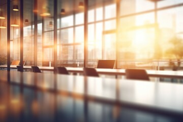 An empty conference room with a view of the city. Suitable for business meetings and presentations