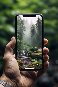 A person capturing the beauty of nature in a forest. Perfect for photography enthusiasts or anyone looking to capture the essence of the outdoors