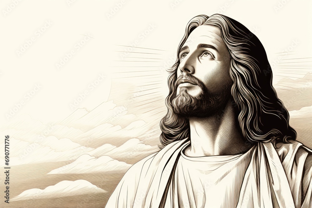 Poster a black and white drawing depicting a man with long hair. this versatile image can be used for vario