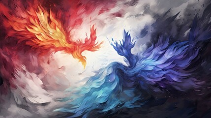  A dramatic illustration of an abstract phoenixes in a fiery and icy dance  - obrazy, fototapety, plakaty