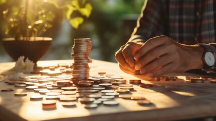 A person is depicted sitting at a table with stacks of coins. This image can be used to illustrate concepts related to finance, savings, investments, or wealth accumulation - obrazy, fototapety, plakaty