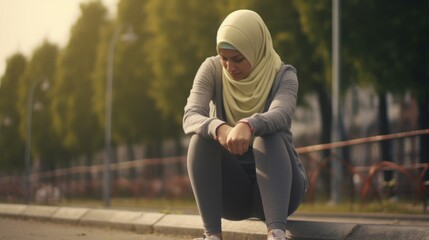 A woman wearing a hijab sitting on a curb. This image can be used to depict diversity, urban life, or cultural traditions