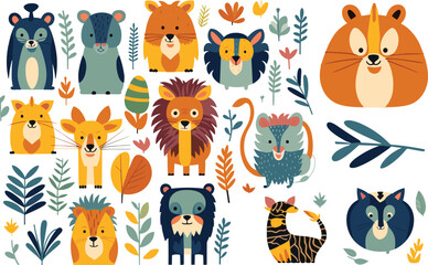 set child character cute animal jungle design print  illustration vector cartoon childish card lion baby decoration graphic tiger art
