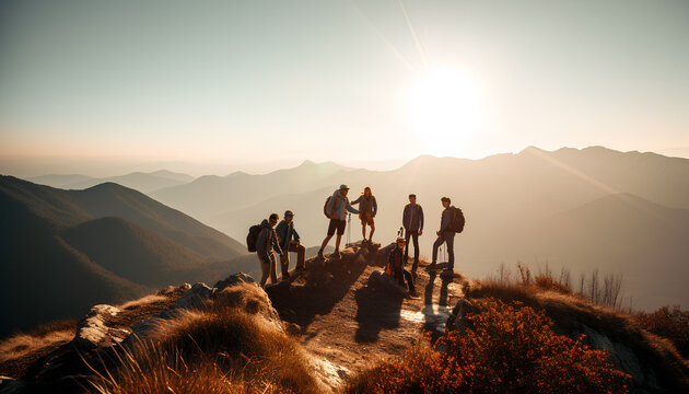 Group of friends climbing a mountain and celebrating at the top.