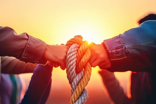 A group of people holding hands with a rope. This image can be used to represent teamwork, unity, cooperation, or trust