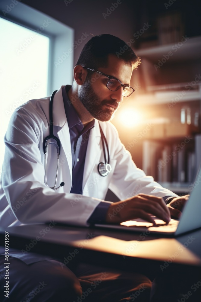 Aufkleber a man in a lab coat is seen typing on a laptop. this image can be used to represent scientific resea