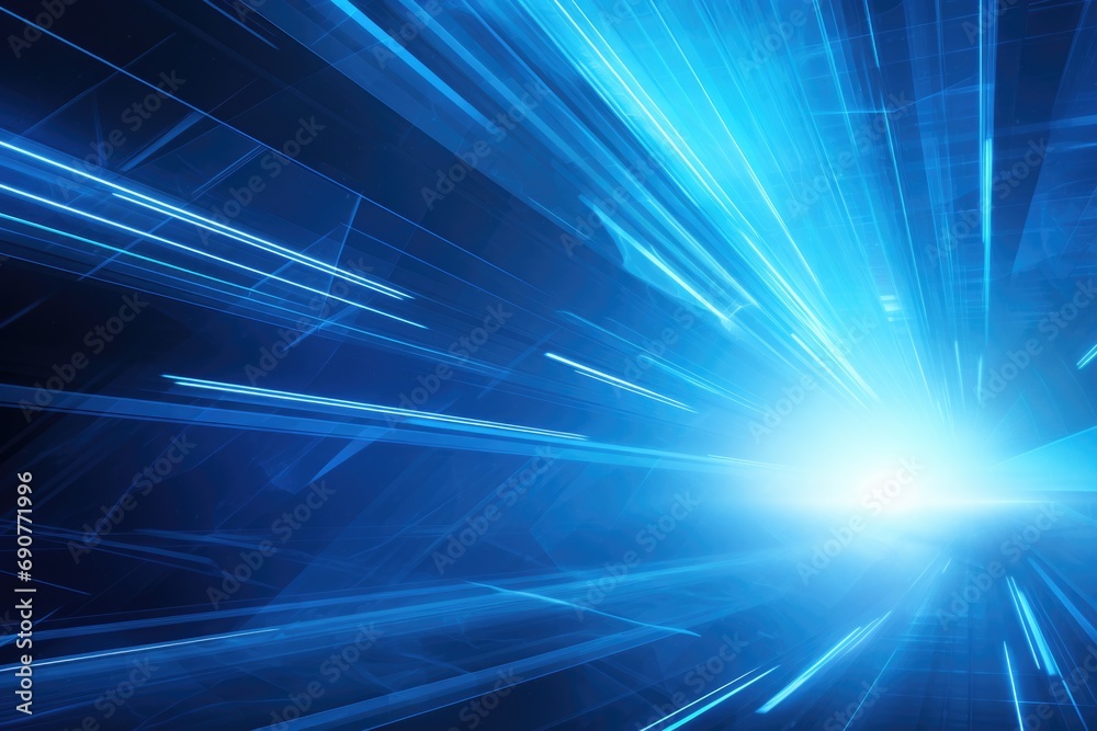Poster A captivating image of a blue light streaking through a dark background. This picture can be used to add a dynamic and futuristic touch to various projects